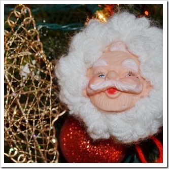 close-up view of scary-faced Santa ornament